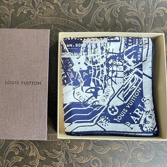 Louis Vuitton Scarf Luggage Travel Stamps Blue Silk Wrap with LV Gift Box - Picture 1 of 16